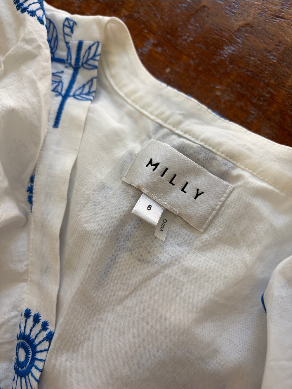 Milly White Dress with Blue Floral Print and Ruffle Trim - Picture 3 of 4